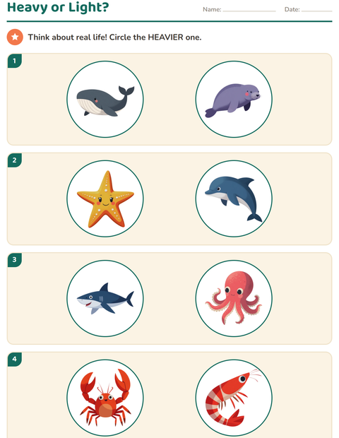 Preview of Measurement worksheet featuring Ocean Life for kindergarten