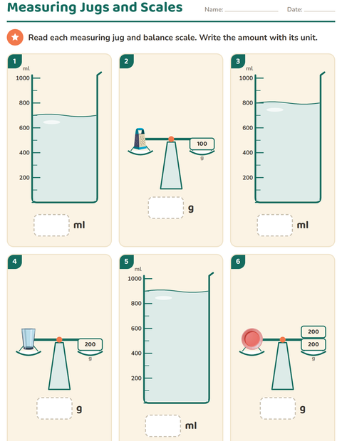 Preview of Measurement worksheet featuring Kitchen Tools for grade 2