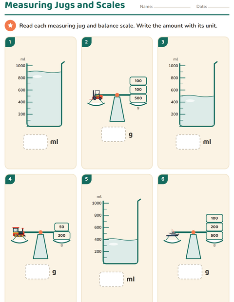 Capacity and Mass: Read the Jugs and Scales