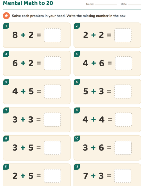 Preview of Mental Math worksheet for grade 1