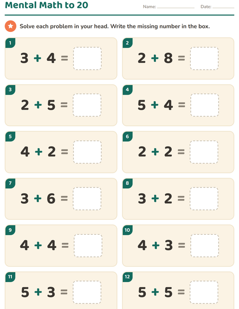 Preview of Mental Math worksheet for grade 1