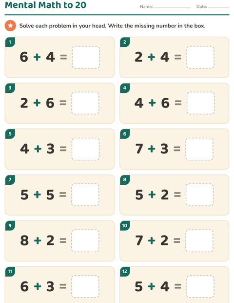 Preview of Mental Math worksheet for grade 1