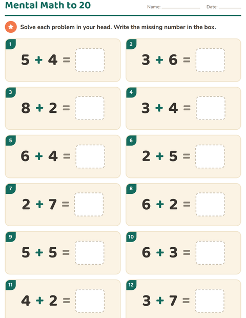 Preview of Mental Math worksheet for grade 1