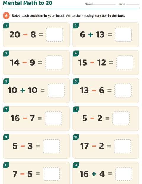 Preview of Mental Math worksheet for grade 1