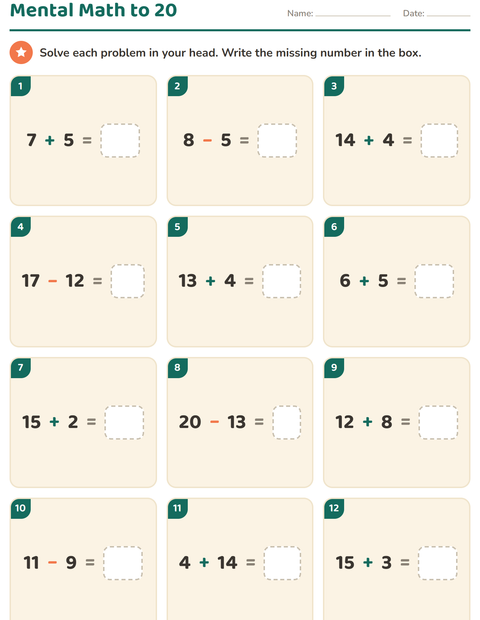 Preview of Mental Math Within 20: Add and Subtract in Your Head