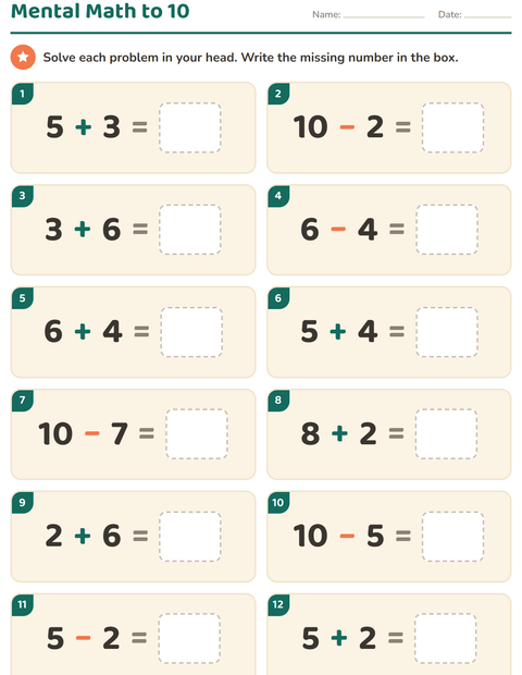 Preview of Mental Math worksheet for grade 1