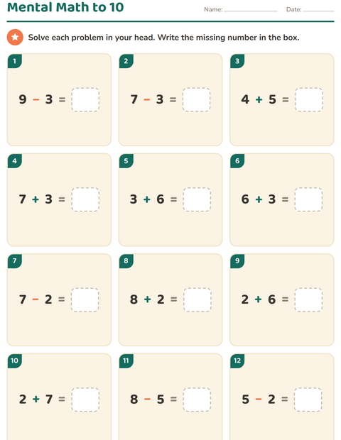 Mental Math Within 10: Twelve Quick Facts