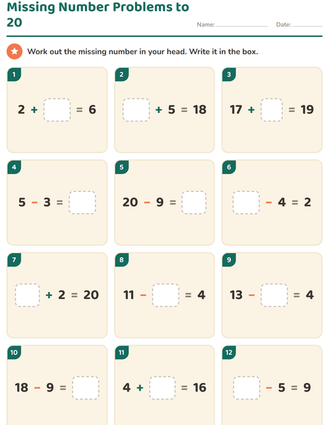 Missing Number Equations to 20