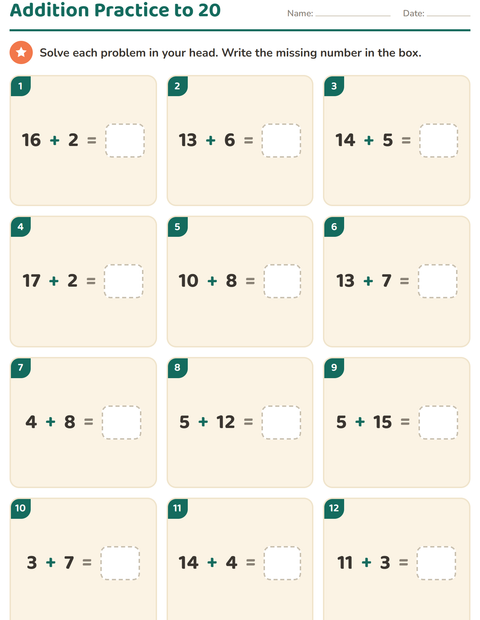 Addition Facts to 20: Twelve Sums, No Subtraction