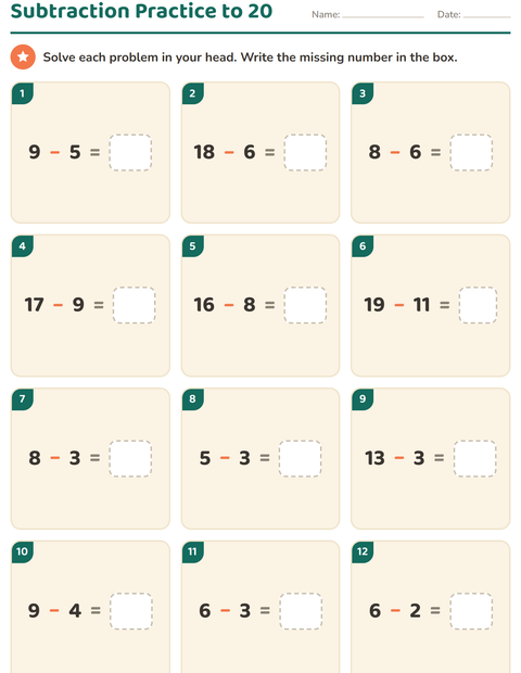 Subtraction Facts to 20: A Whole Page of Take-Away