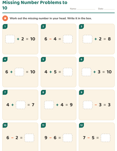 Preview of Missing Number Equations to 10