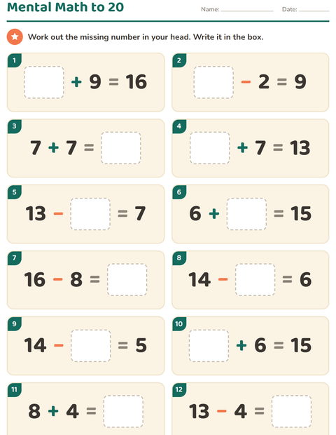 Preview of Mental Math worksheet for grade 1