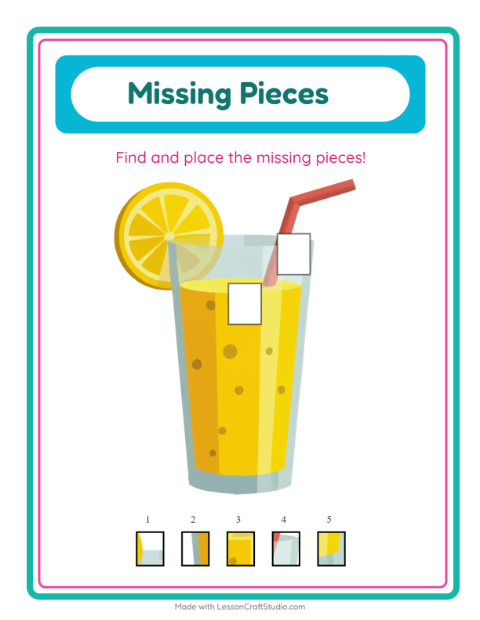 Preview of Missing Pieces worksheet featuring 4th of July for kindergarten