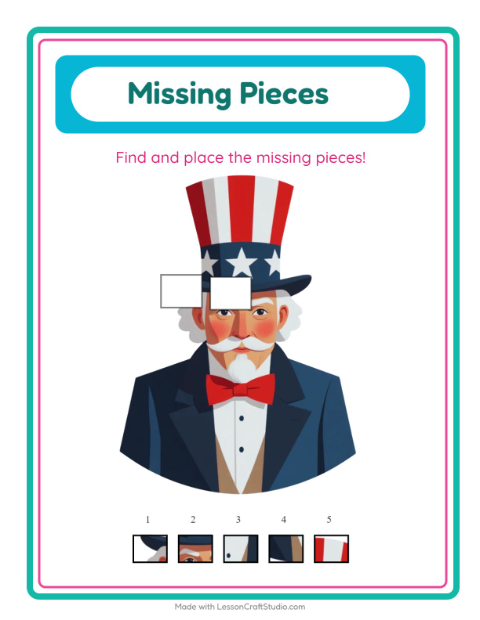 Preview of Pattern Worksheet worksheet featuring 4th of July for grade 1