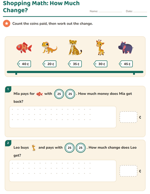 Shopping Math: Count the Coins, Then Work Out the Change