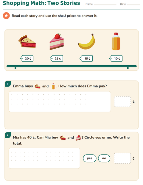 Preview of Counting Money worksheet featuring At the Supermarket for grade 2