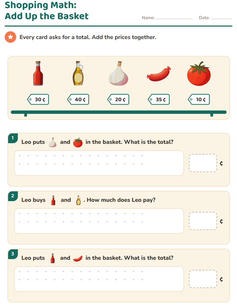 Preview of Counting Money worksheet featuring At the Supermarket for grade 2