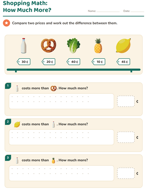 Preview of Counting Money worksheet featuring At the Supermarket for grade 2