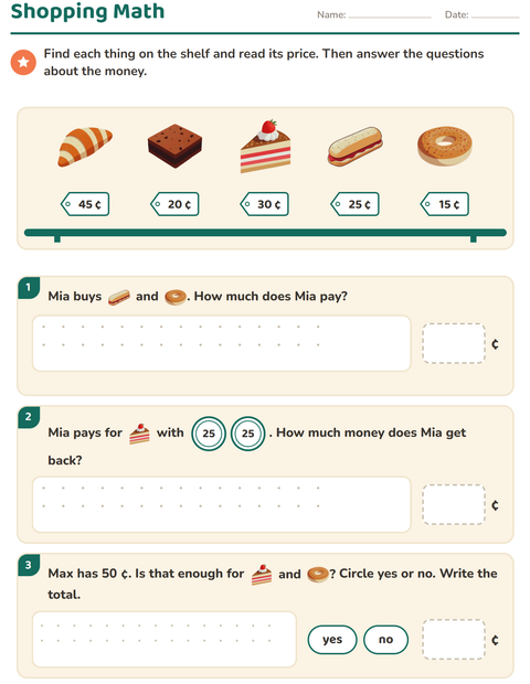 Preview of Counting Money worksheet featuring Bakery for grade 2