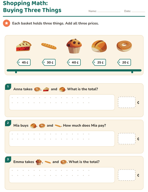 Preview of Counting Money worksheet featuring Bakery for grade 2