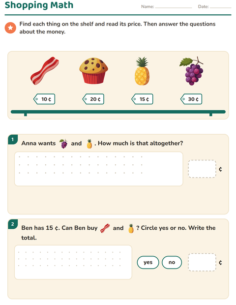 Preview of Counting Money worksheet featuring At the Supermarket for grade 2