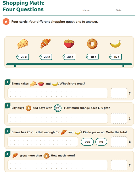 Preview of Counting Money worksheet featuring Breakfast for grade 2