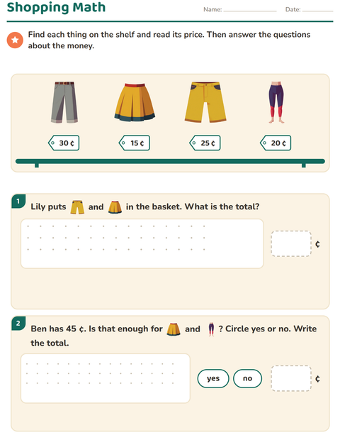 Preview of Counting Money worksheet featuring Clothing for grade 2