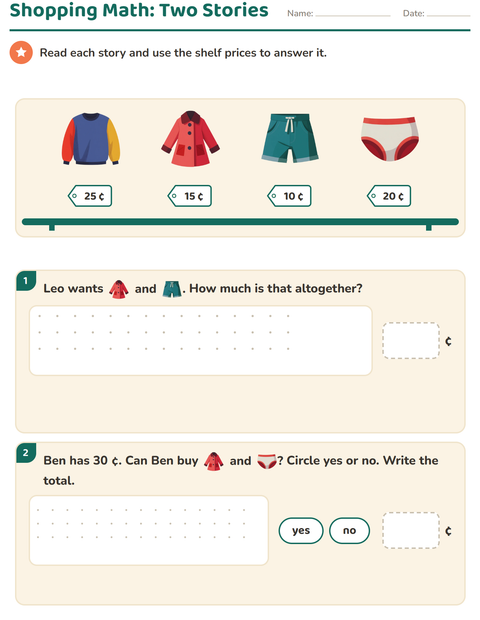 Preview of Counting Money worksheet featuring Clothing for grade 2