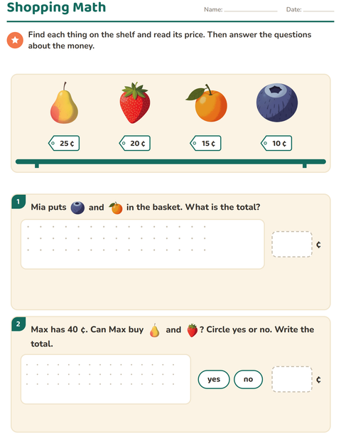 Preview of Counting Money worksheet featuring Fruits for grade 2