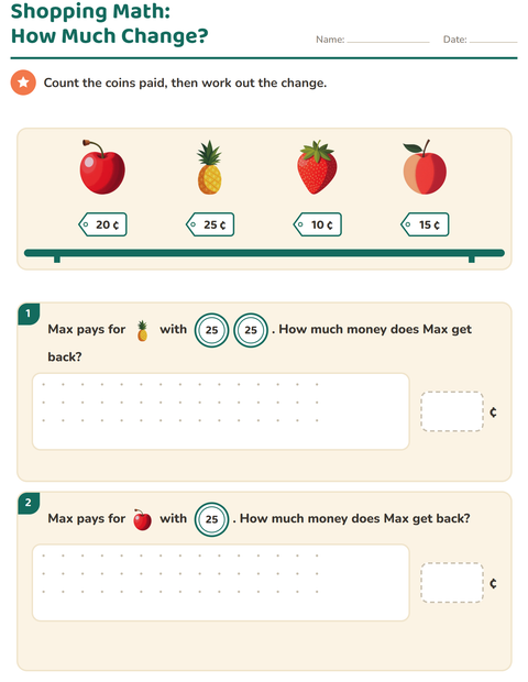 Preview of Counting Money worksheet featuring Fruits for grade 2