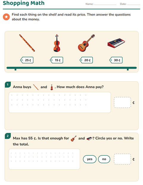 Preview of Counting Money worksheet featuring Music for grade 2