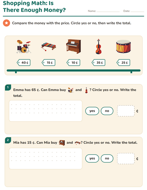 Preview of Counting Money worksheet featuring Music for grade 2