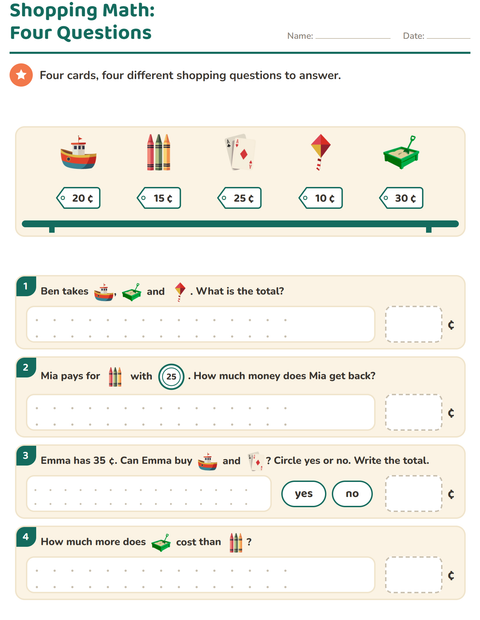 Preview of Counting Money worksheet featuring Toys for grade 2