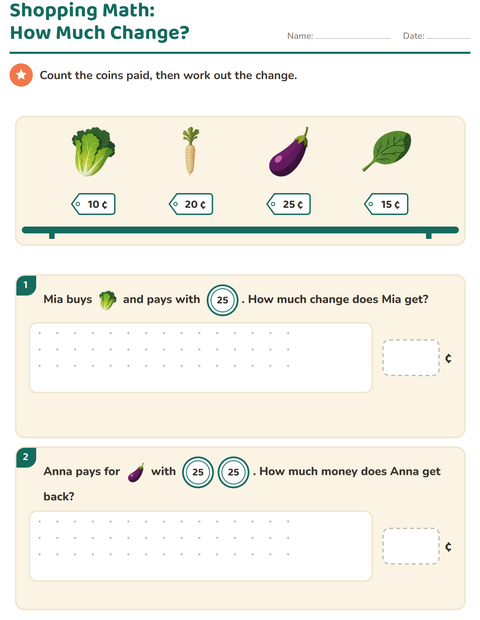 Preview of Counting Money worksheet featuring Vegetables for grade 2