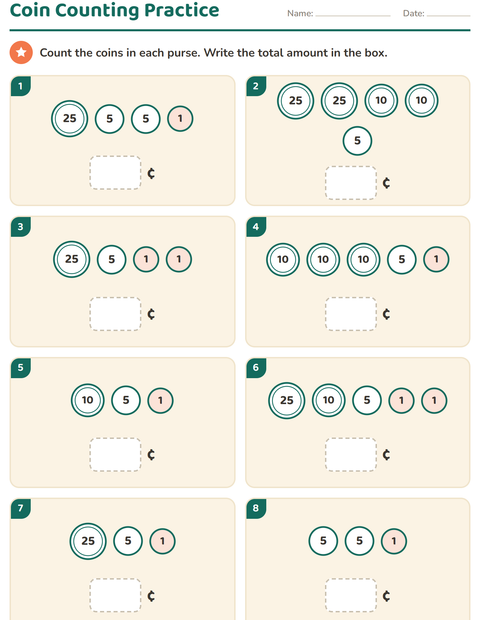 Coin Counting Practice: Eight Purses on One Page