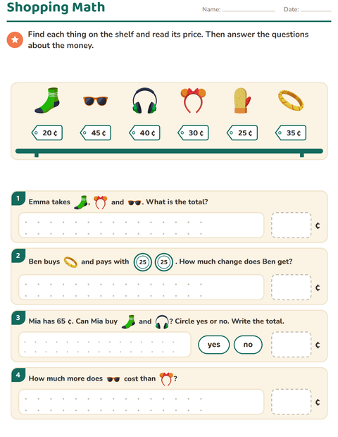Preview of Counting Money worksheet featuring Accessories for grade 2