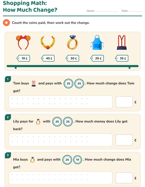 Preview of Counting Money worksheet featuring Accessories for grade 2