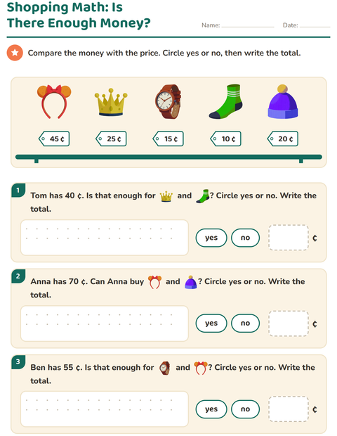 Preview of Counting Money worksheet featuring Accessories for grade 2