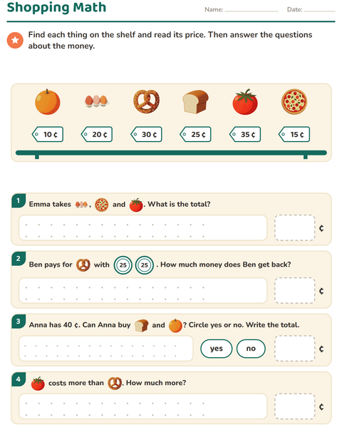 Preview of Counting Money worksheet featuring At the Supermarket for grade 2