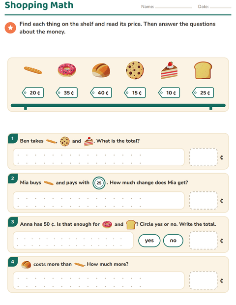 Preview of Counting Money worksheet featuring Bakery for grade 2