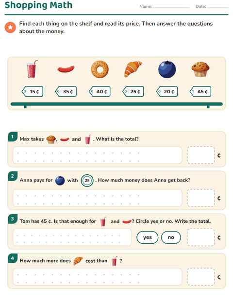 Preview of Counting Money worksheet featuring Breakfast for grade 2