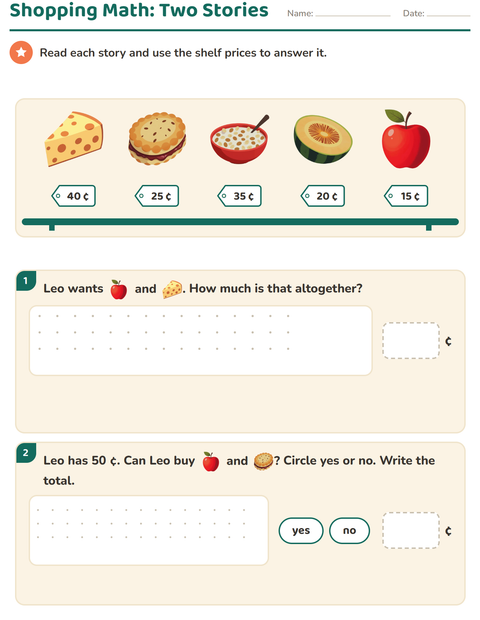 Preview of Counting Money worksheet featuring Breakfast for grade 2