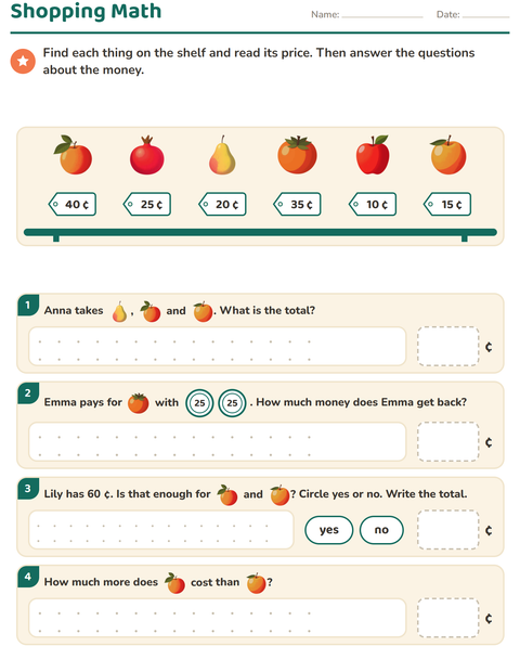 Preview of Counting Money worksheet featuring Fruits for grade 2