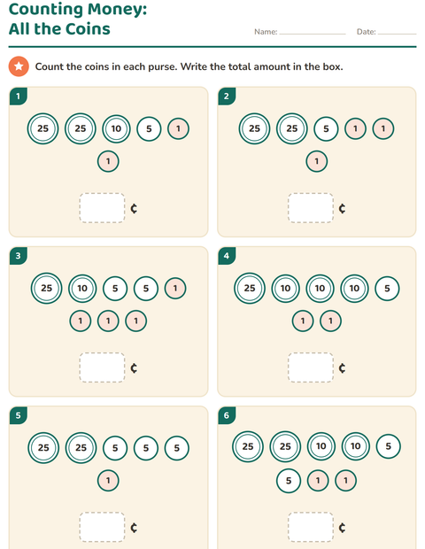 Preview of Counting Money worksheet for grade 1