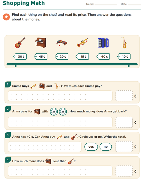 Preview of Counting Money worksheet featuring Music for grade 2