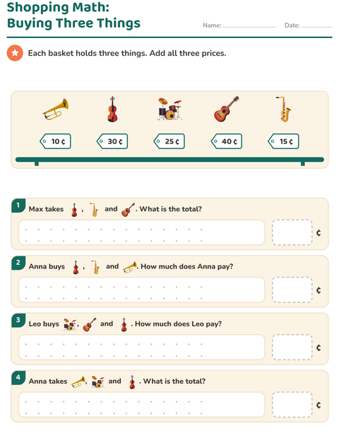 Preview of Counting Money worksheet featuring Music for grade 2