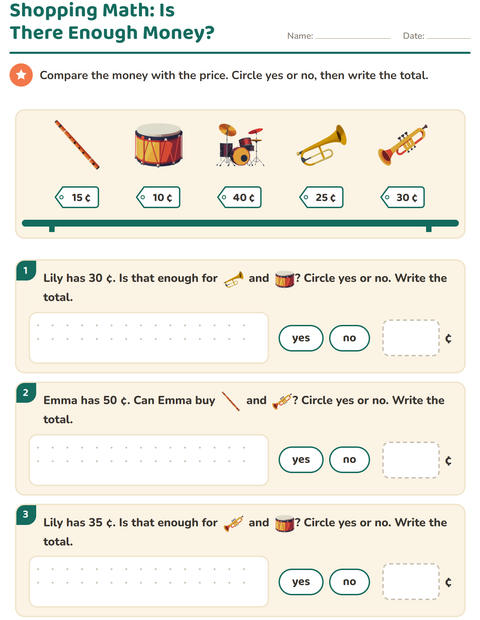 Preview of Counting Money worksheet featuring Music for grade 2