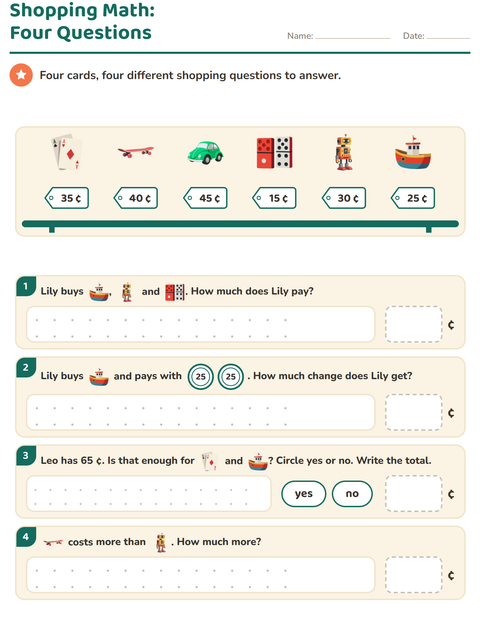 Preview of Counting Money worksheet featuring Toys for grade 2