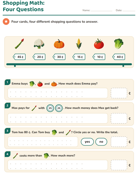 Preview of Counting Money worksheet featuring Vegetables for grade 2