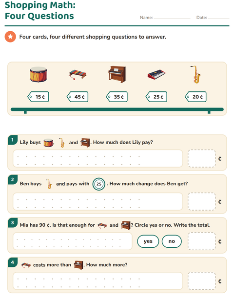 Preview of Counting Money worksheet featuring Music for grade 2